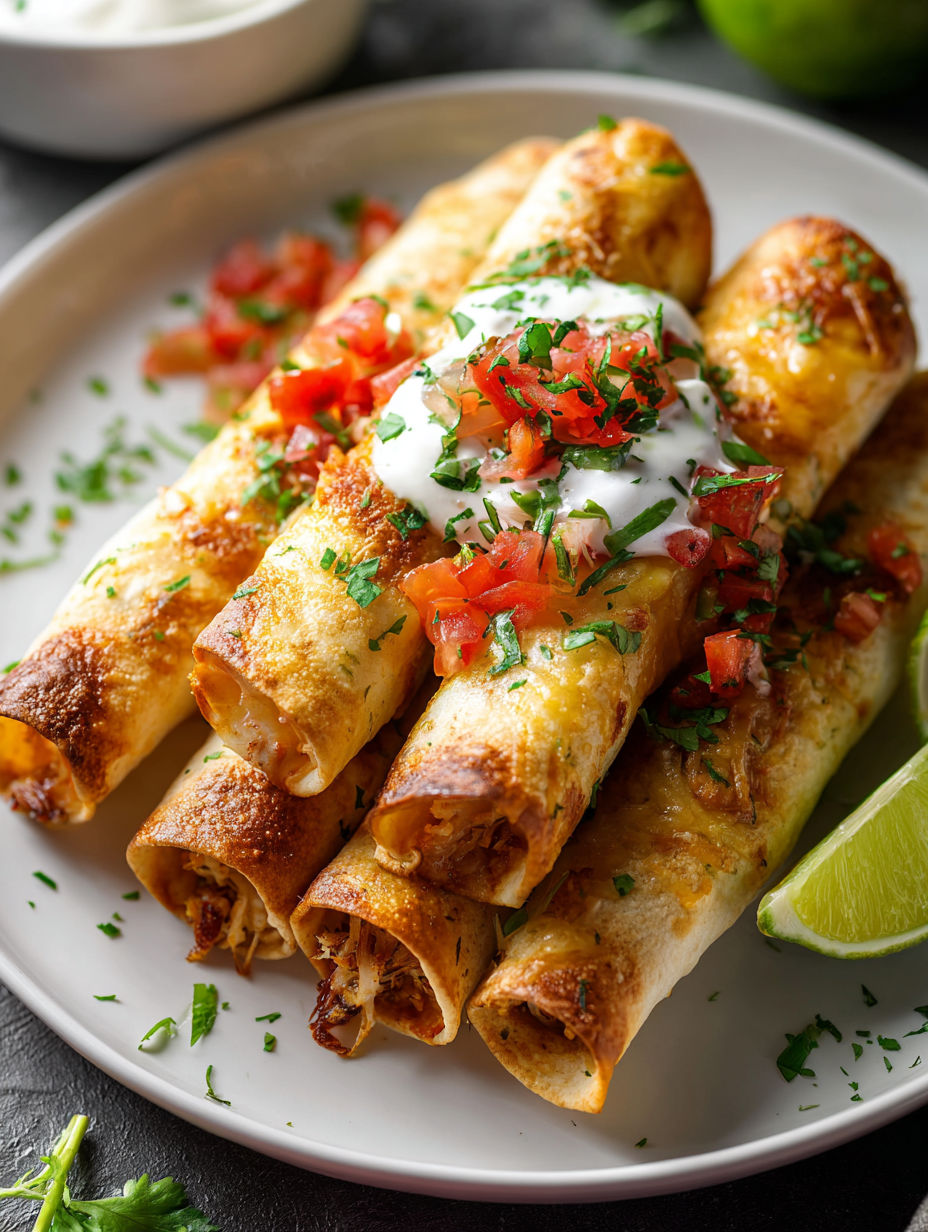 Taquitos de poulet avec crème aigre et tomates.