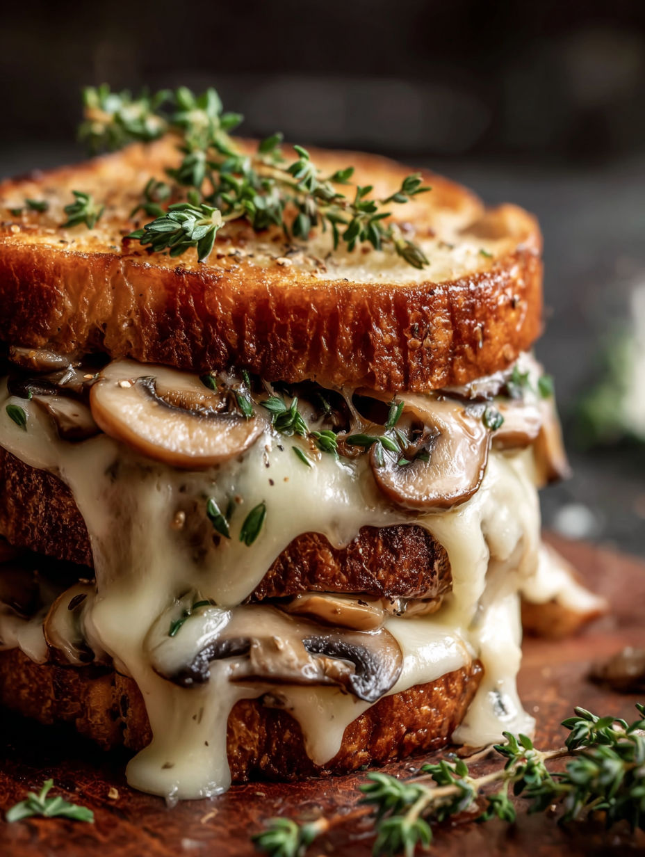 Une pile de champignons et de fromage sur du pain grillé.