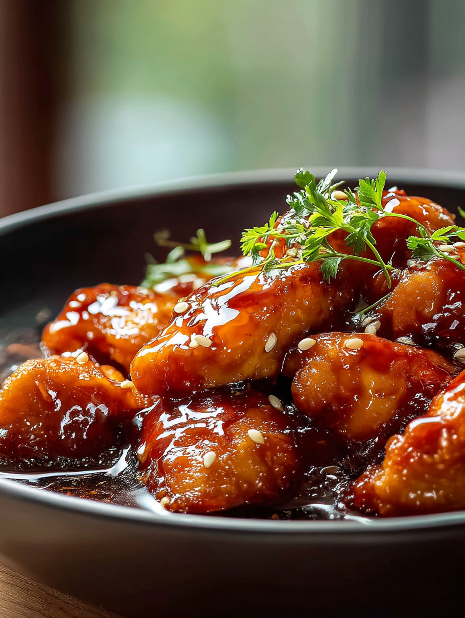 Une assiette de poulet nappée de sauce.