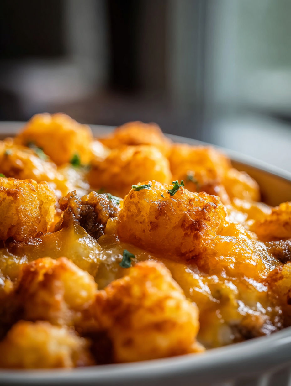 Gros plan d’un gratin avec tater tots.