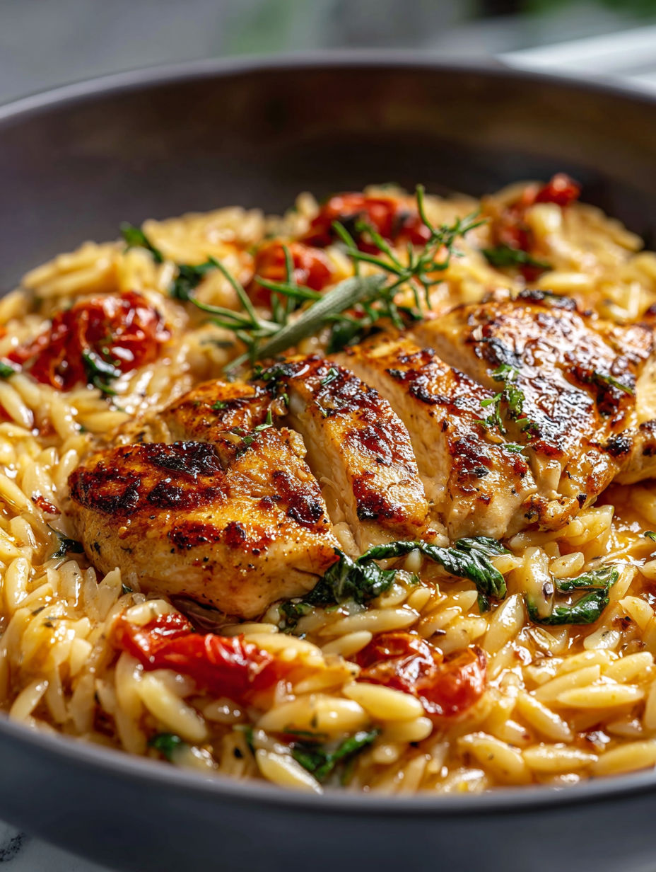 Un plat savoureux de poulet et orzo.