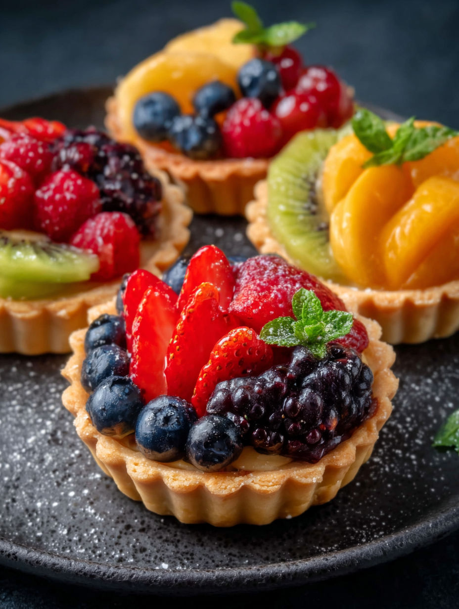 Une tarte aux fruits avec fraises, myrtilles, kiwi et framboises.