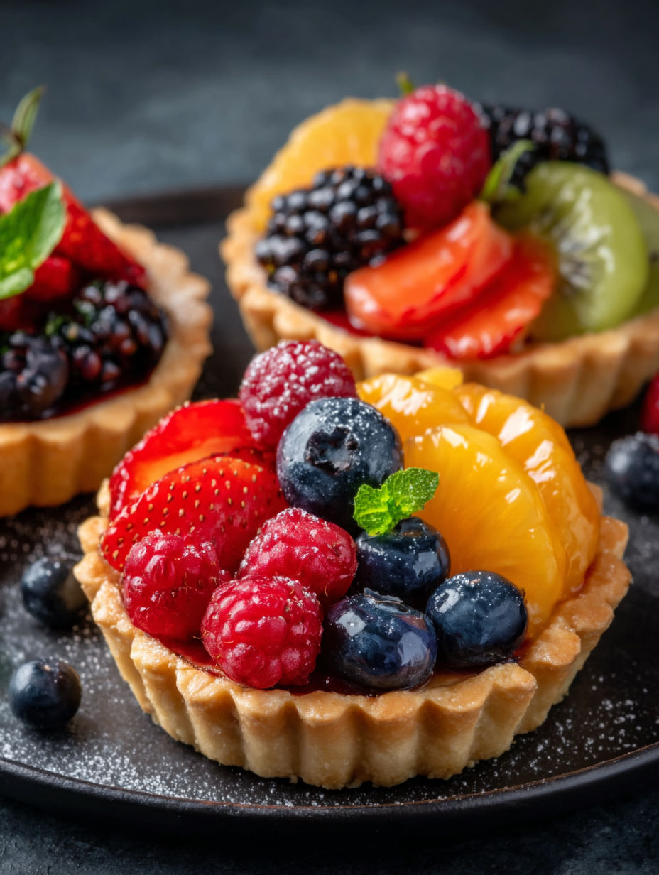Tarte aux fruits avec fraises, framboises, myrtilles et tranches d’orange.