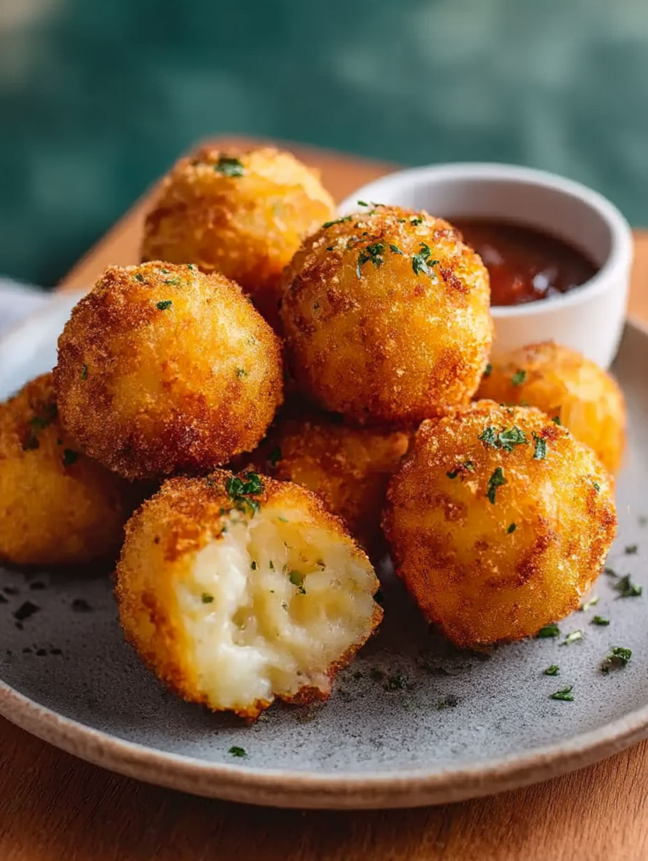 Une assiette de croquettes de pomme de terre au fromage.