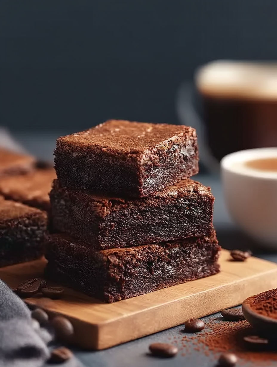 Une pile de brownies sur une table.