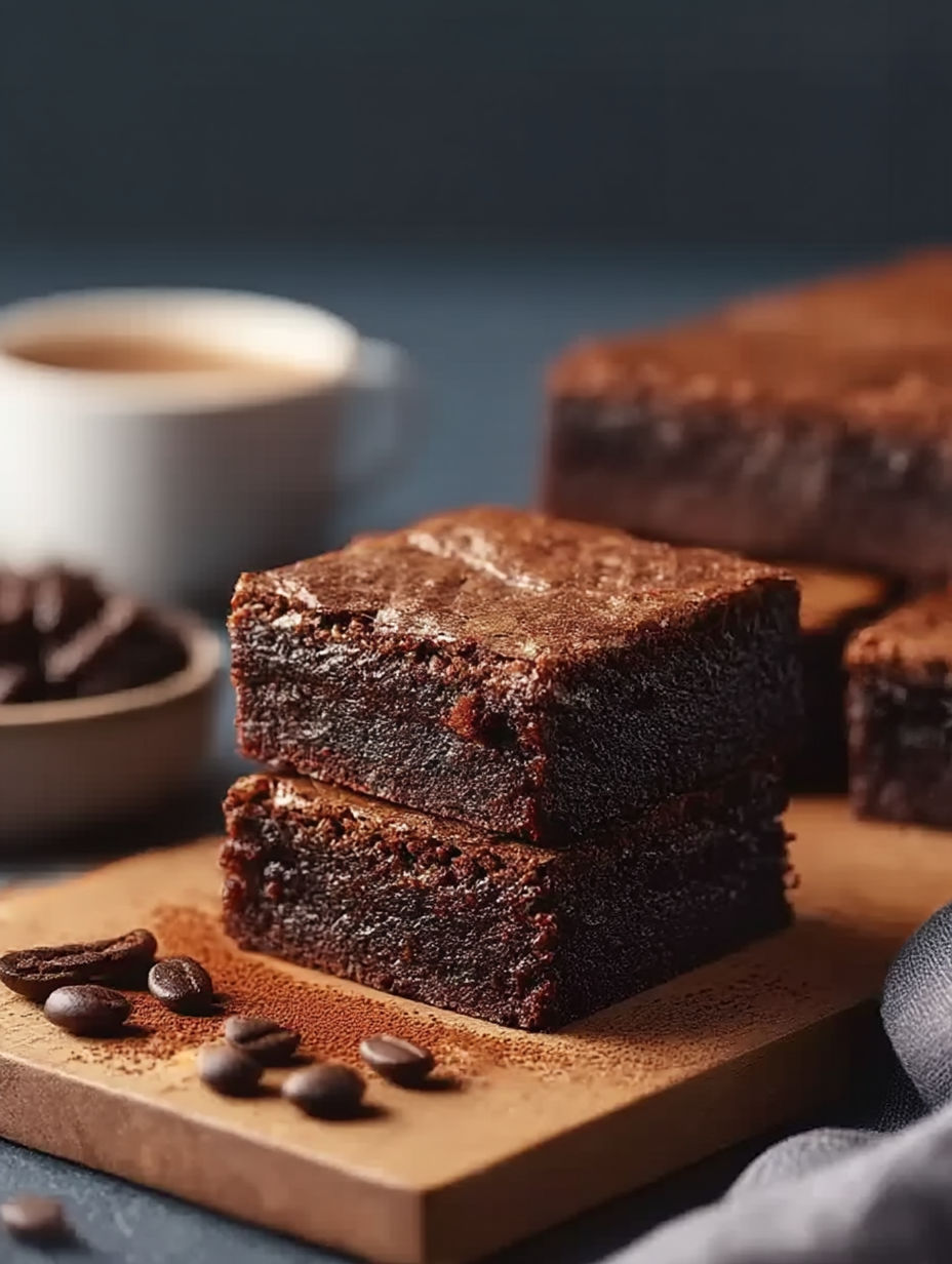 Brownies accompagnés d'une tasse de café.