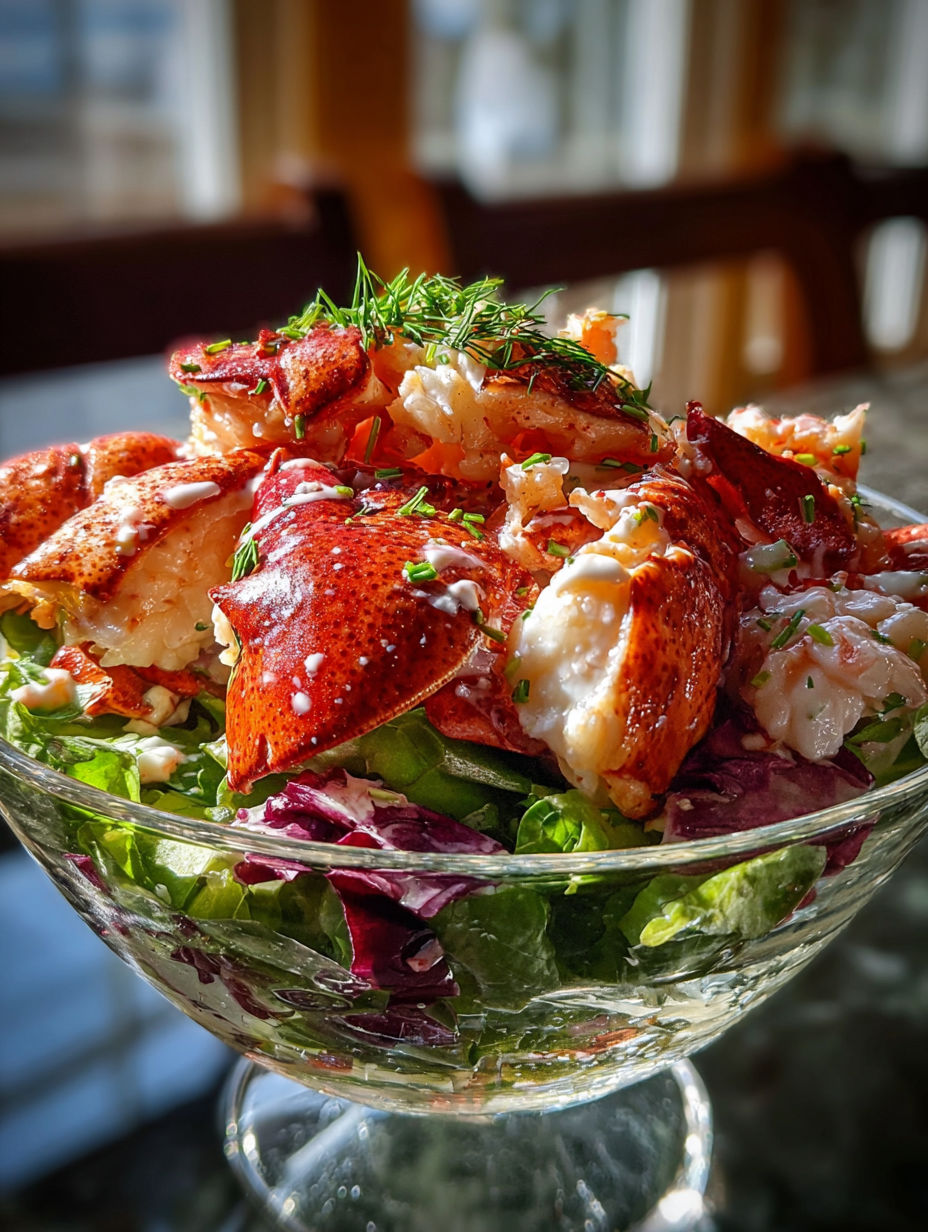 Un bol de nourriture avec homard et légumes.