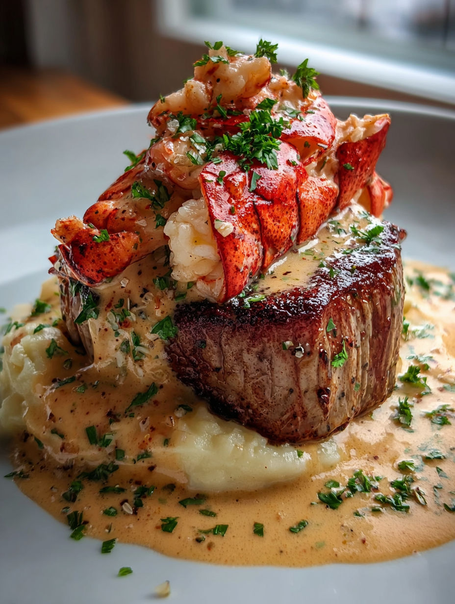 Une assiette avec du homard et une sauce crème.