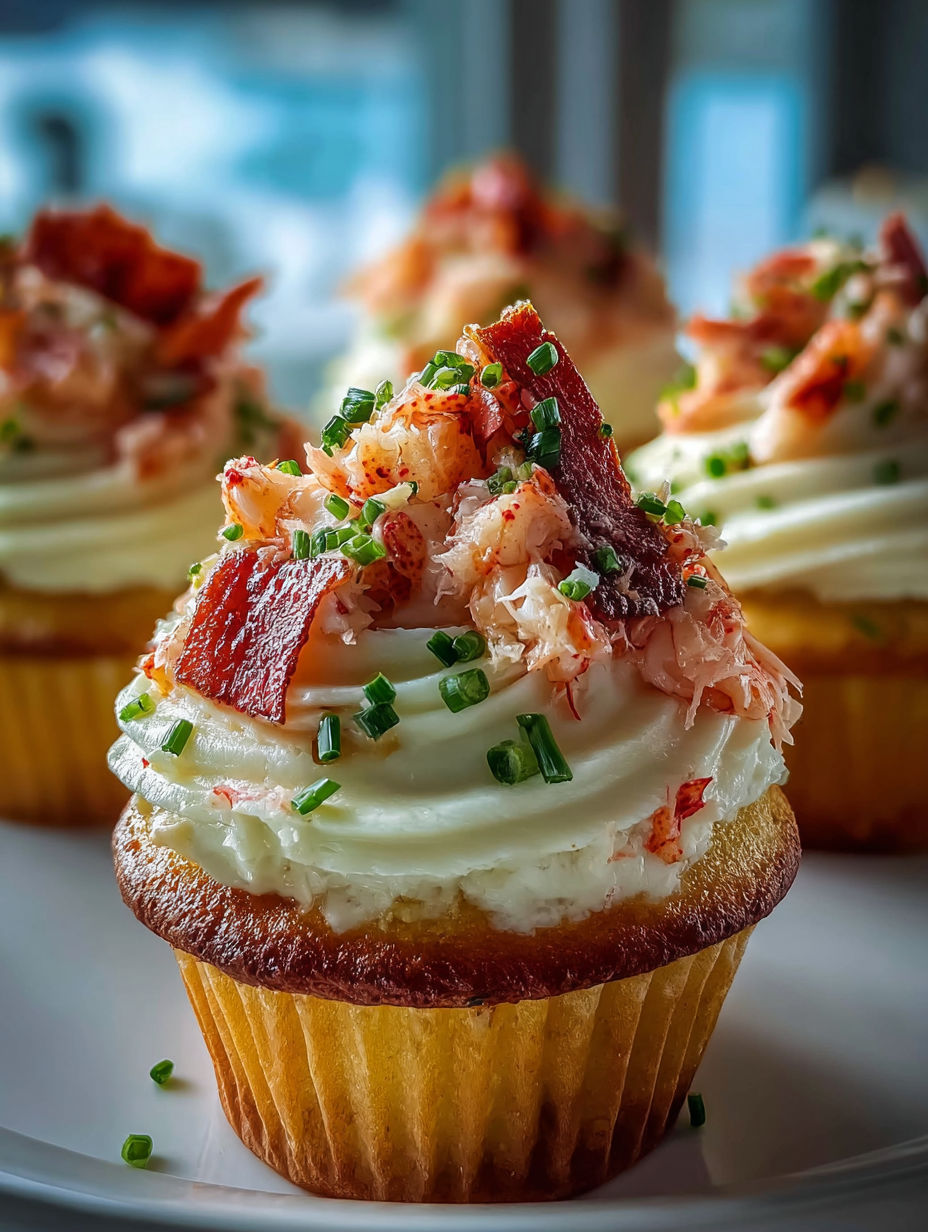 Un cupcake avec bacon et chair de crabe dessus.
