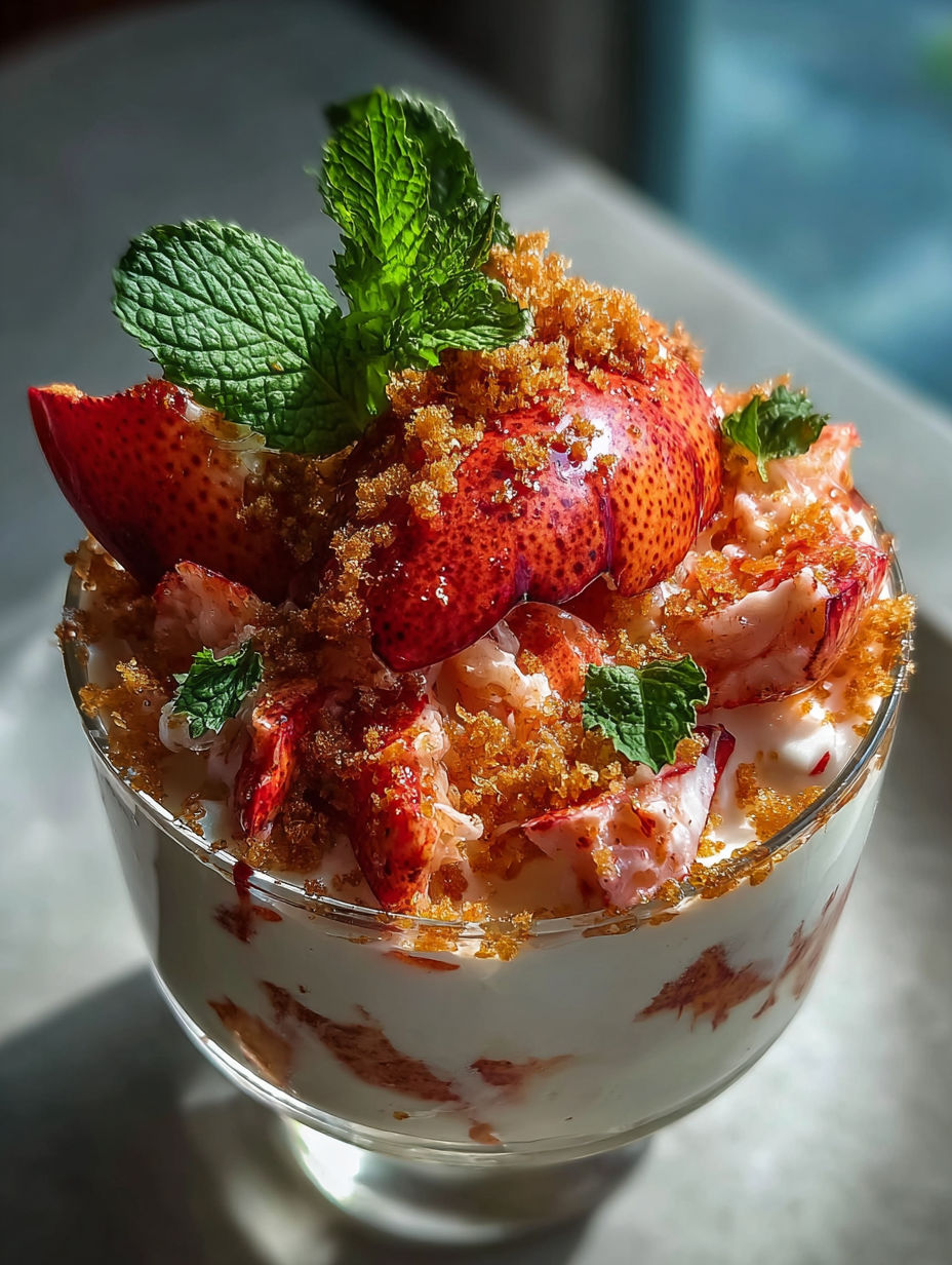 Un dessert avec homard et fraises.