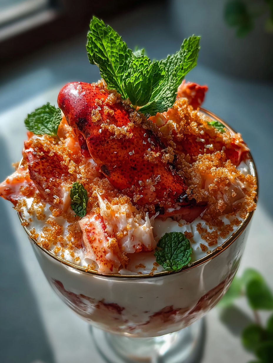 Un dessert avec homard et menthe.