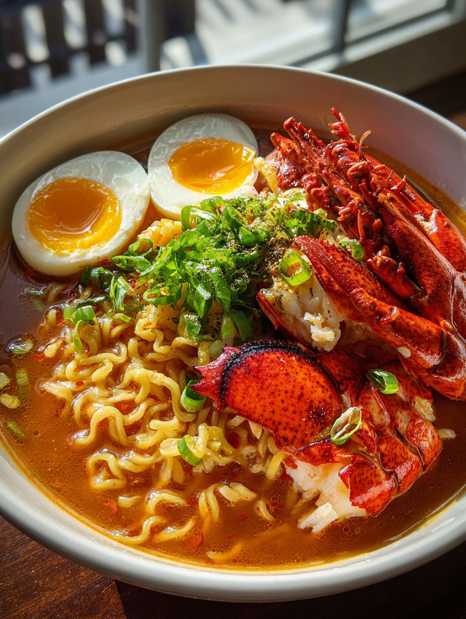 Un bol de ramen au homard avec œufs et légumes.