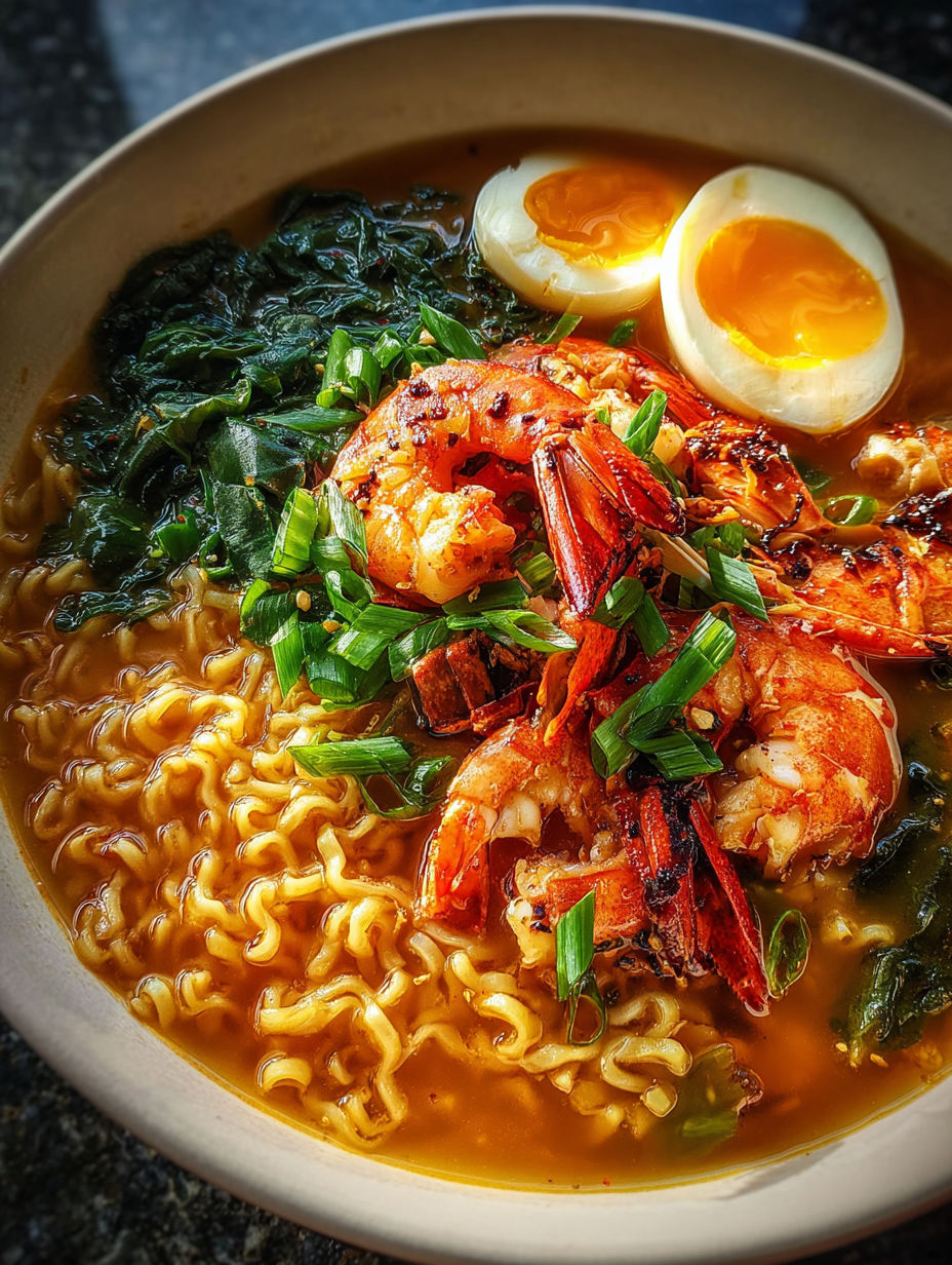 Un bol de ramen au homard avec crevettes et œuf.