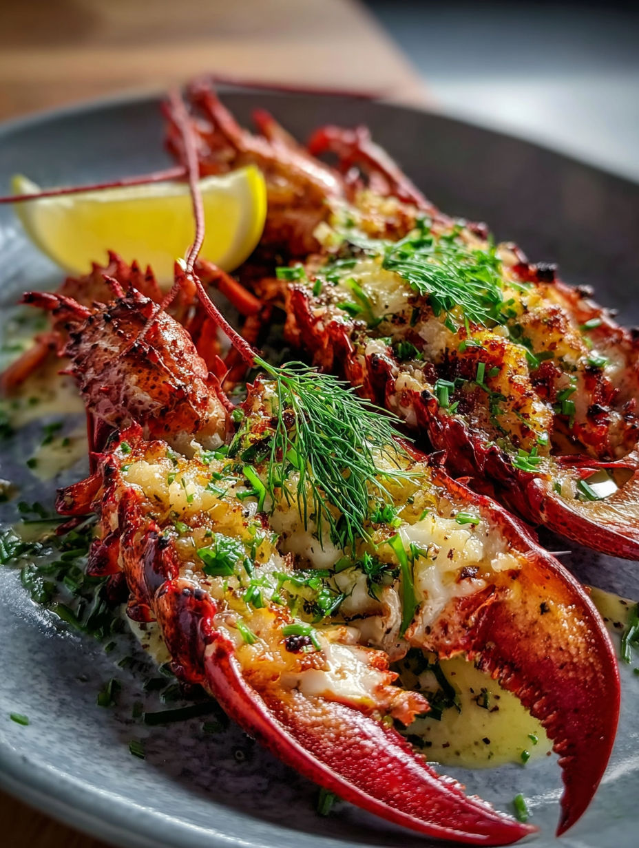Une assiette de homard avec citron et herbes.