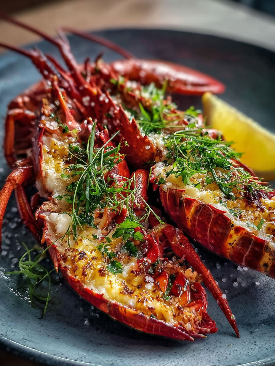 Une assiette de homard avec herbes et citron.