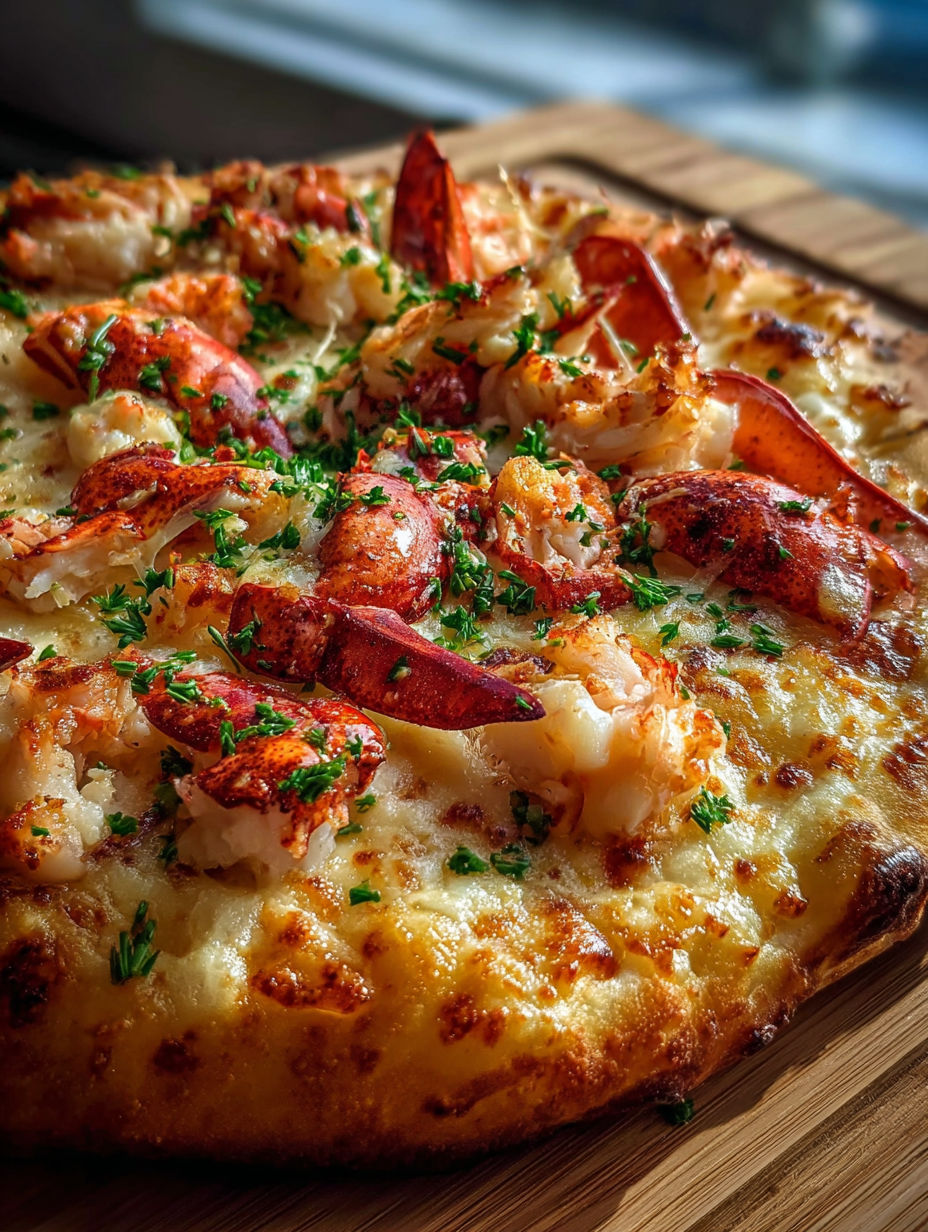 Un plat savoureux de pizza garnie de homard et crevettes.