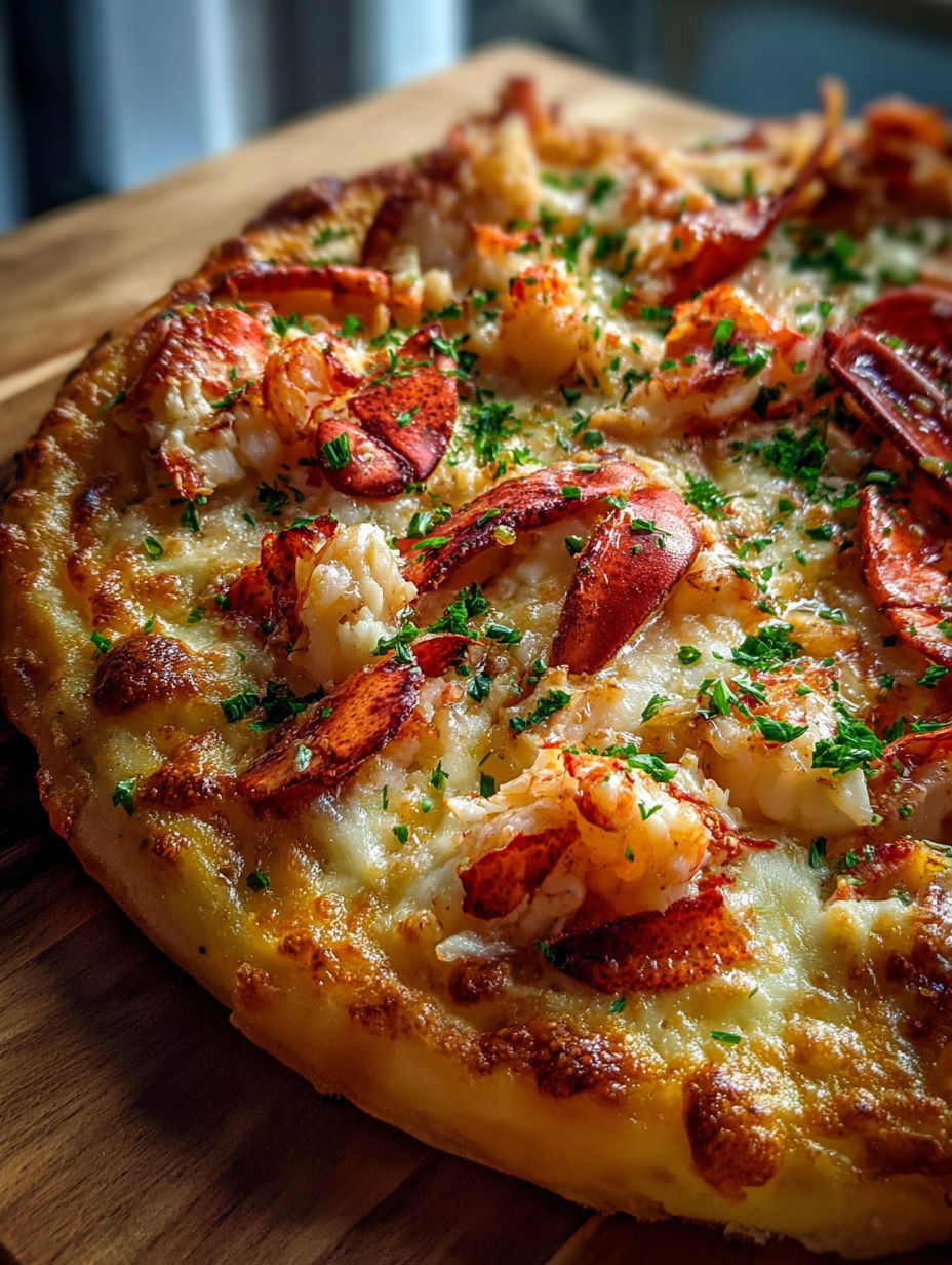 Gros plan d’une pizza au homard.