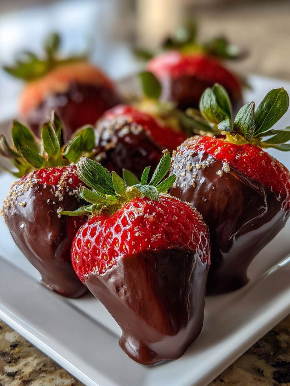 Une assiette de fraises enrobées de chocolat.