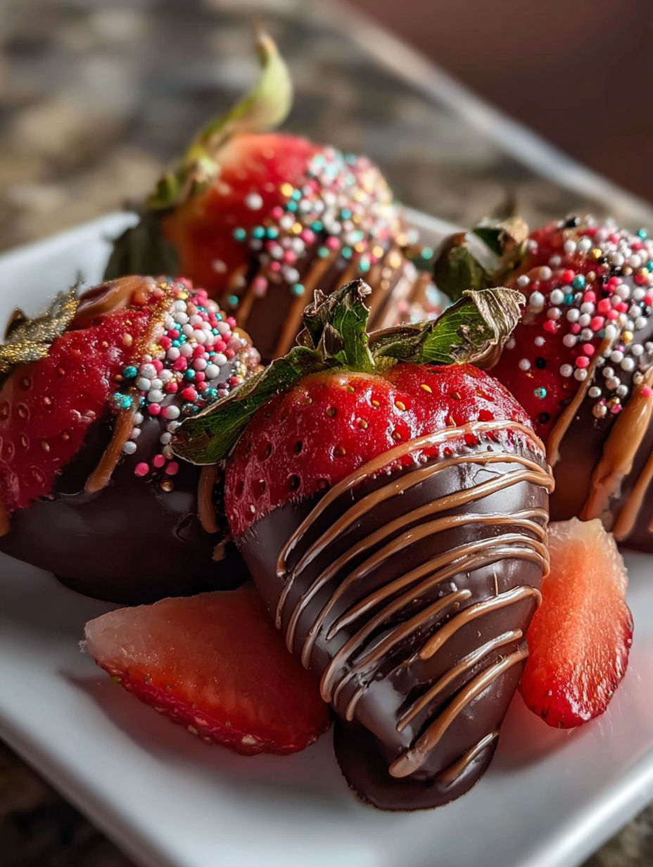 Une assiette de fraises enrobées de chocolat.