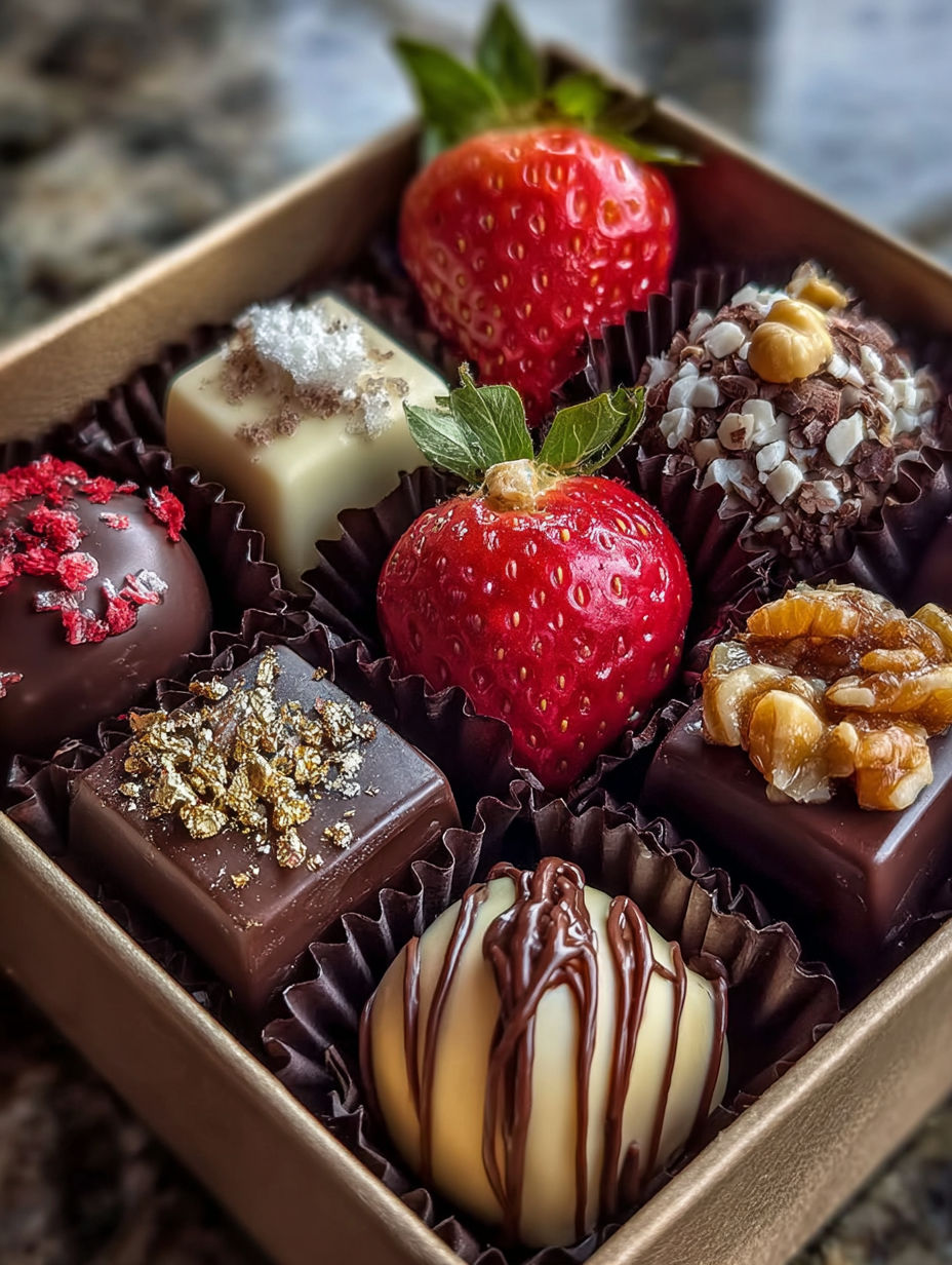 Une boîte de chocolats avec fraises et noisettes.
