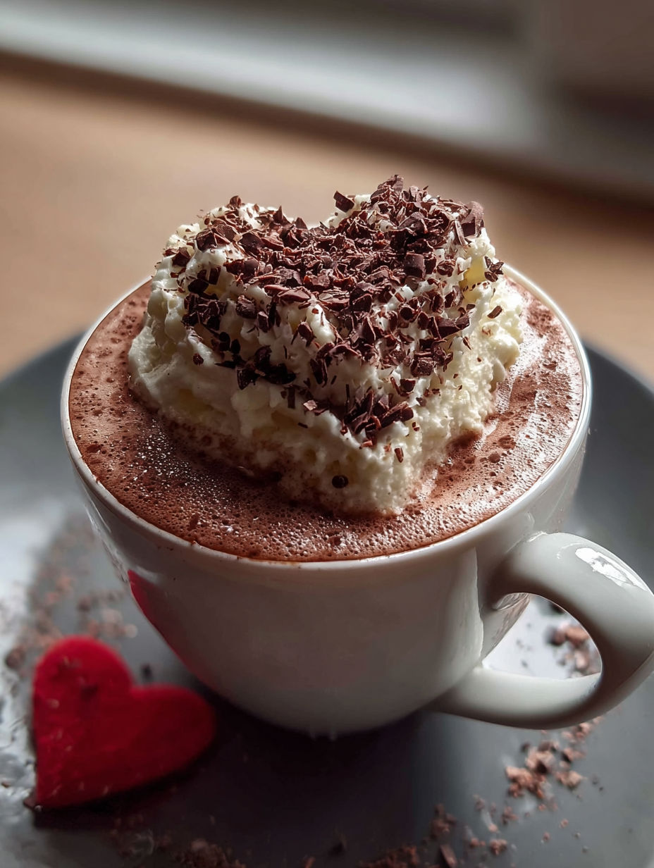Une tasse de café avec de la chantilly en forme de cœur dessus.