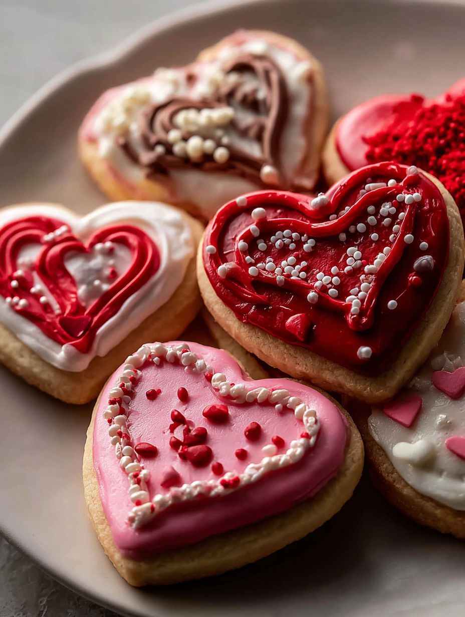 Assiette de biscuits en forme de cœur avec glaçage rouge.