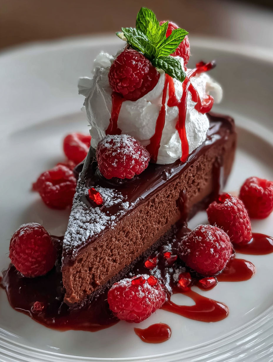 Un super gâteau chocolat avec des framboises dessus.