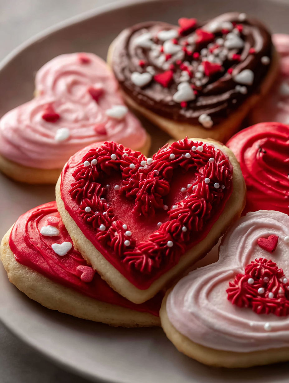 Assiette de biscuits en forme de cœur avec glaçage rouge.