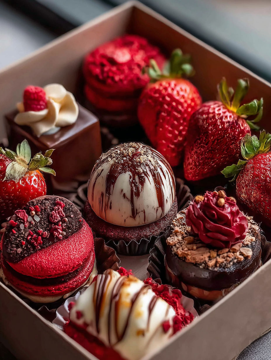 Une boîte de chocolats et fraises.