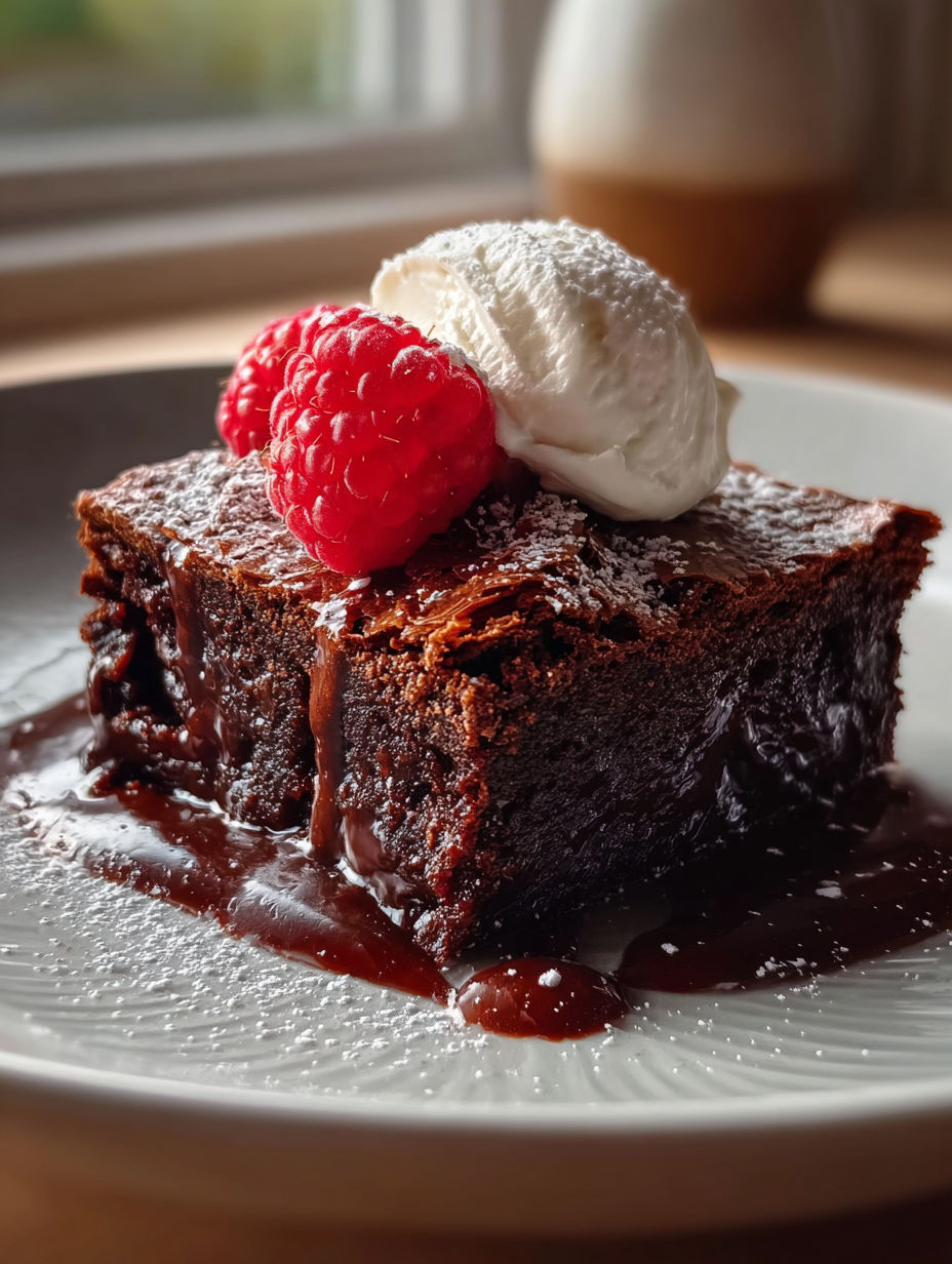 Un dessert au chocolat avec une framboise dessus.