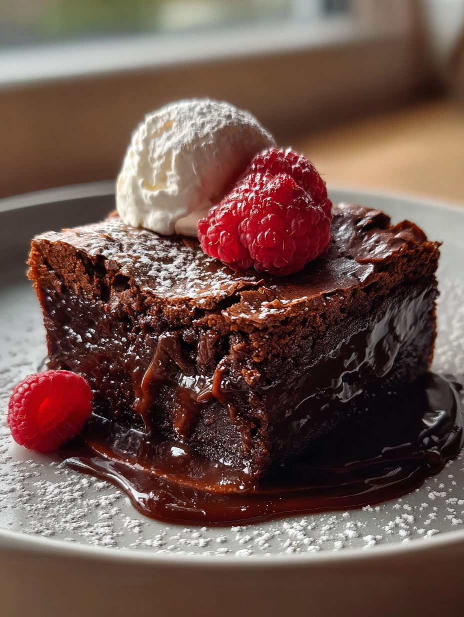 Un dessert au chocolat avec de la crème blanche et une framboise dessus.