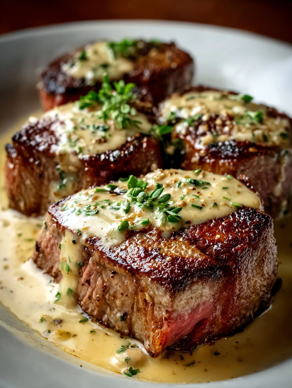 Gros plan sur un morceau de viande nappé de sauce à l’ail.