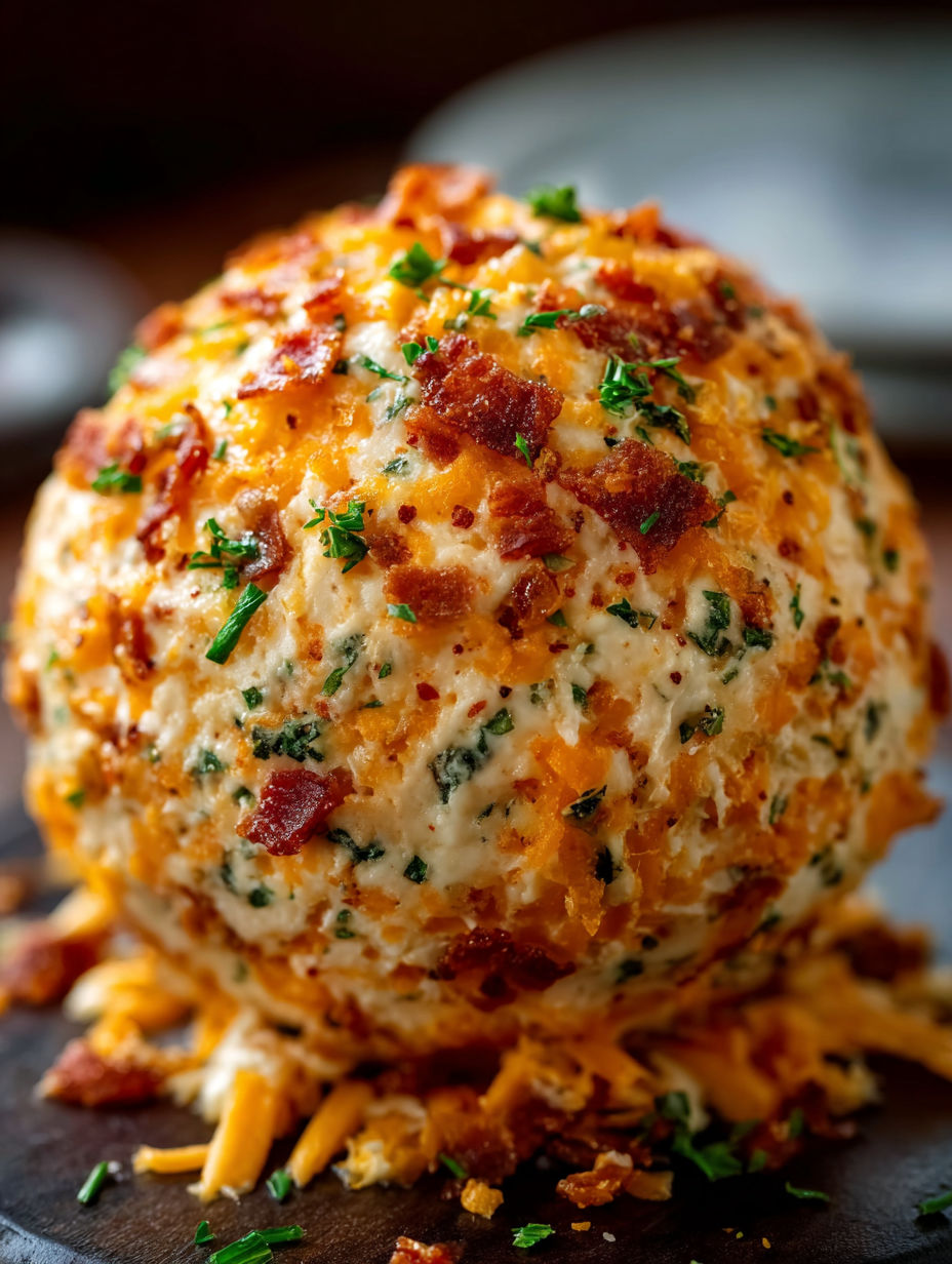 Une boule au fromage avec des morceaux de bacon dessus.