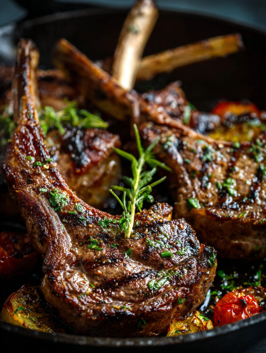 Gros plan sur côtelettes d'agneau grecques avec herbes