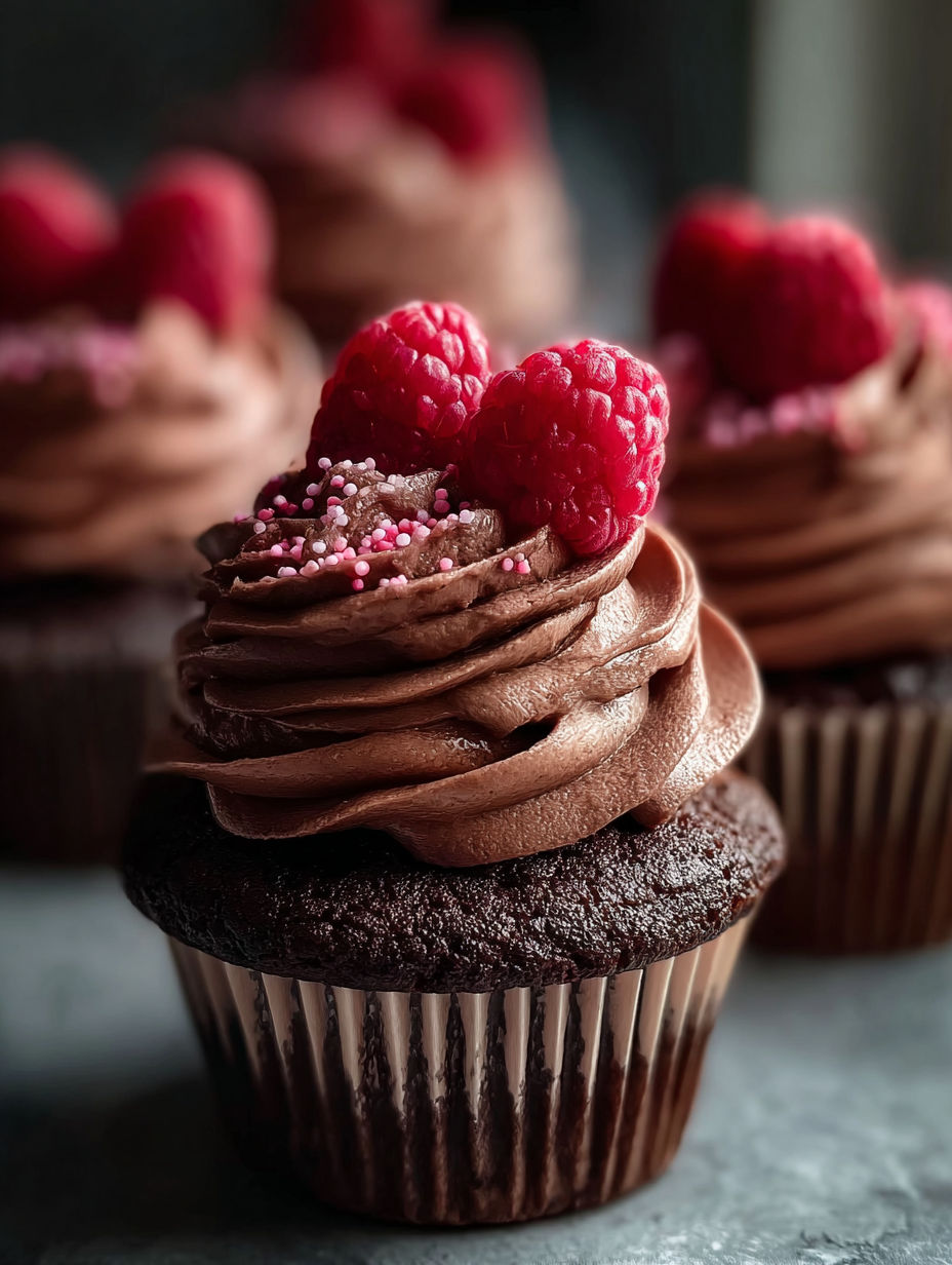Un cupcake avec un glaçage au chocolat et des framboises dessus.