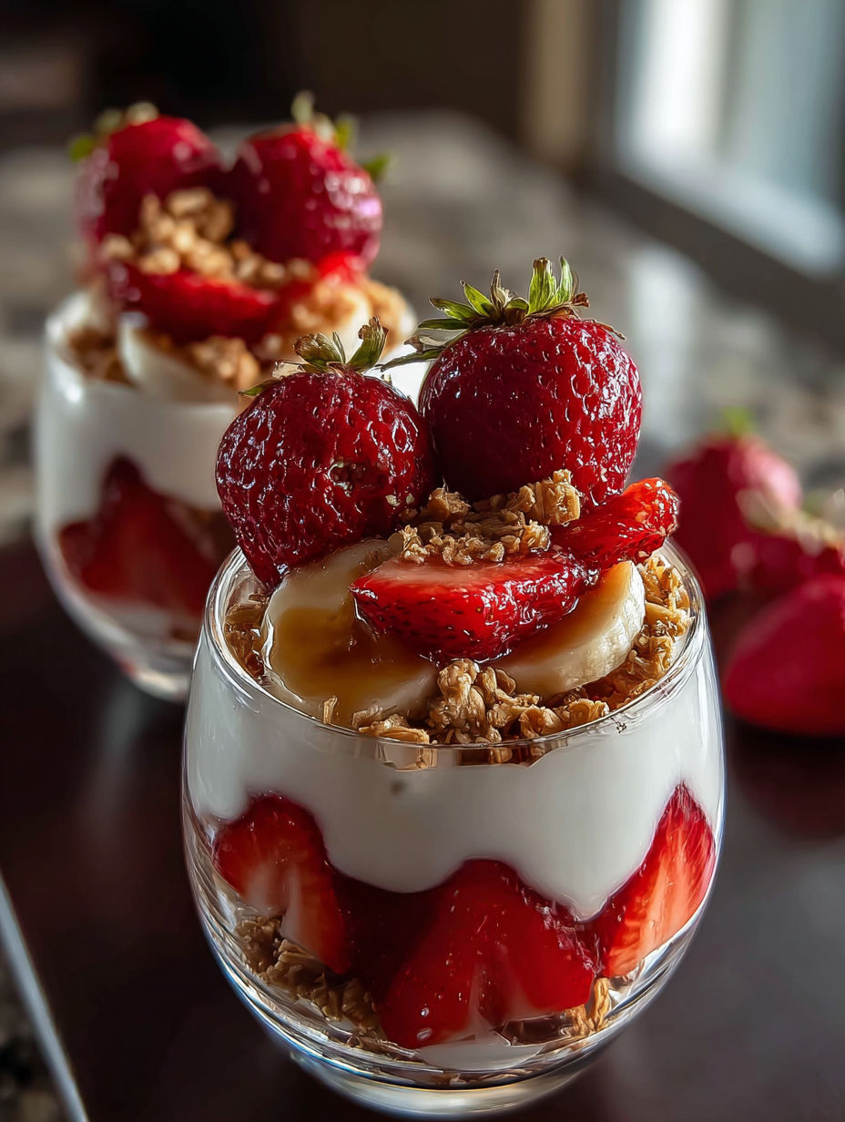 Un bol de yaourt avec fraises et granola.