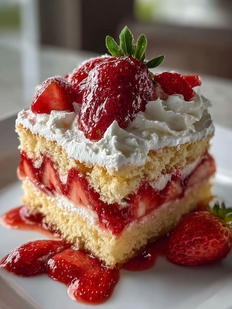 Une tranche de shortcake aux fraises sur une assiette.