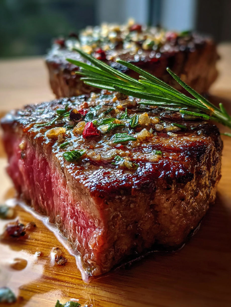Un morceau de steak avec des herbes dessus.