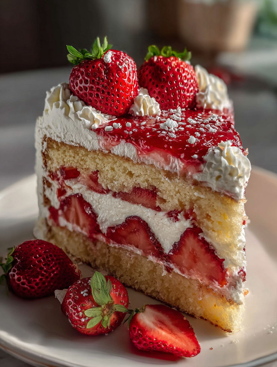 Une part de gâteau avec fraises dessus.