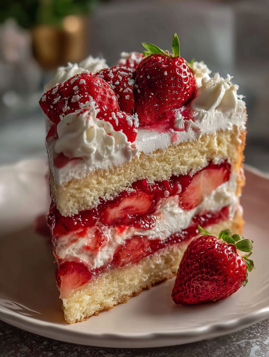 Une part de gâteau aux fraises avec de la crème fouettée.