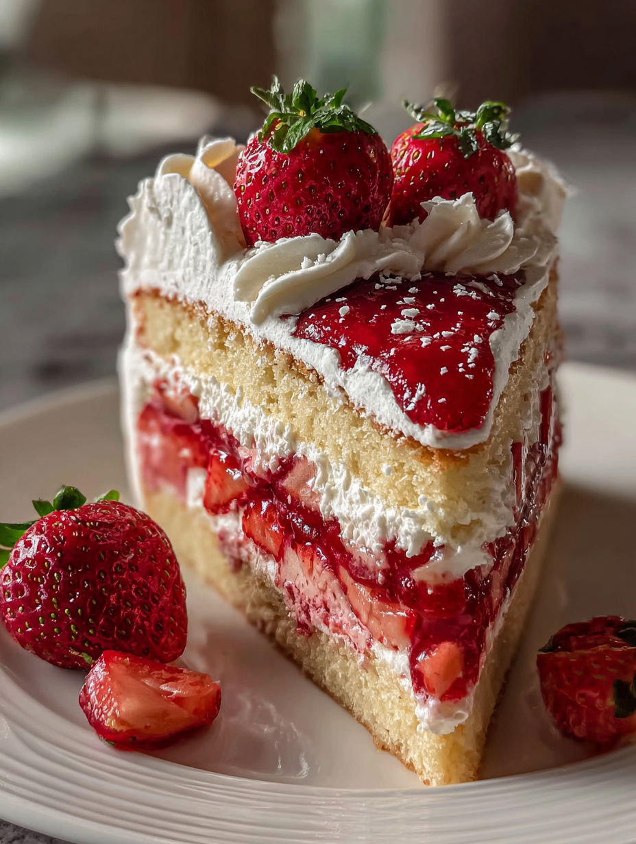 Une tranche de gâteau aux fraises avec crème fouettée.