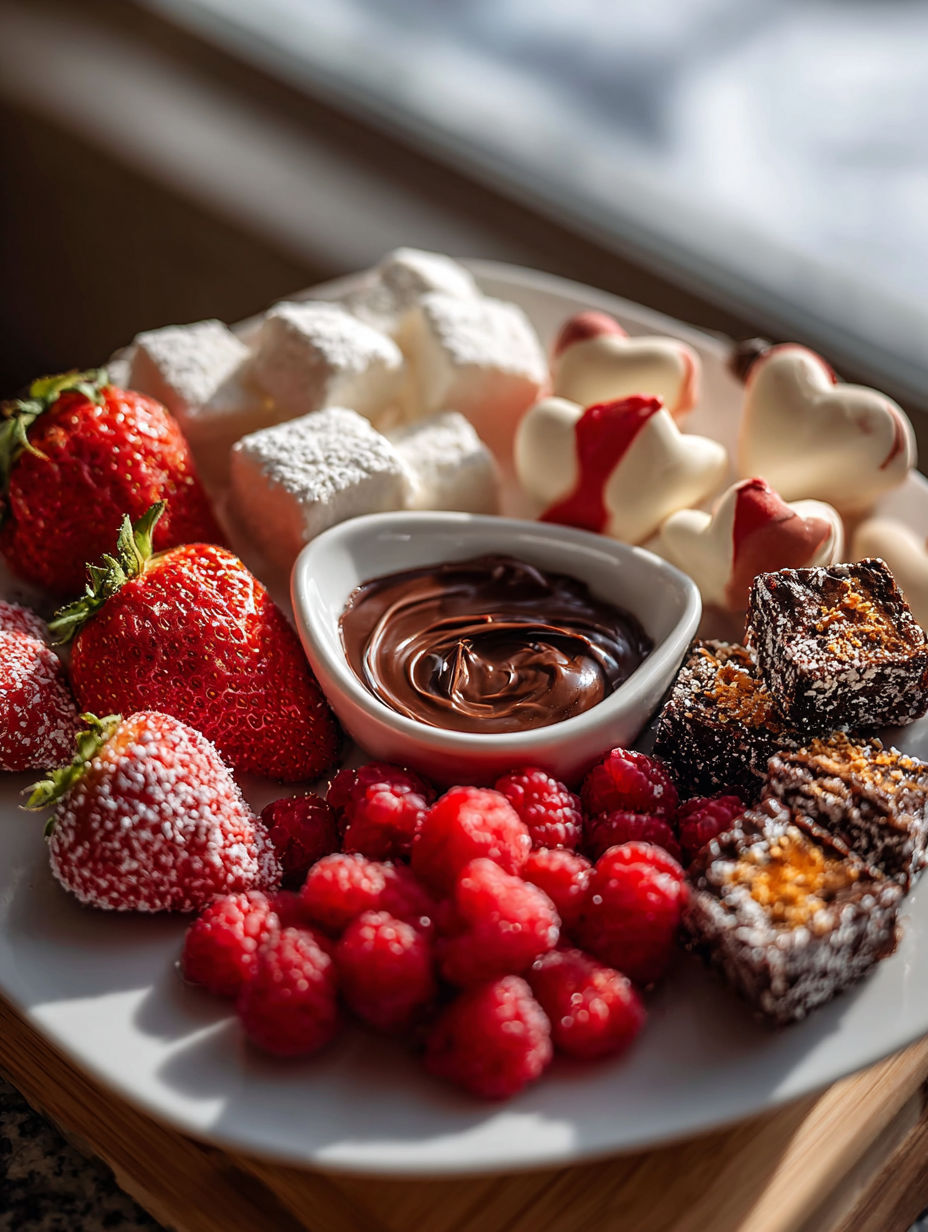 Une assiette gourmande avec du chocolat et des fraises.