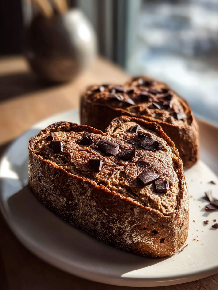Un pain en forme de cœur avec des pépites de chocolat dessus.