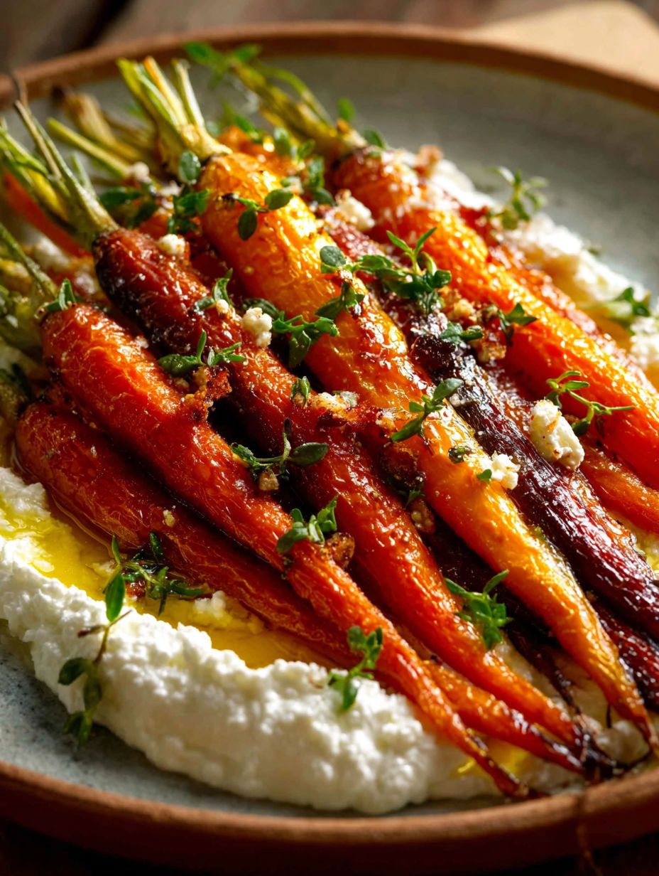 Carottes rôties avec ricotta fouettée et miel piquant.