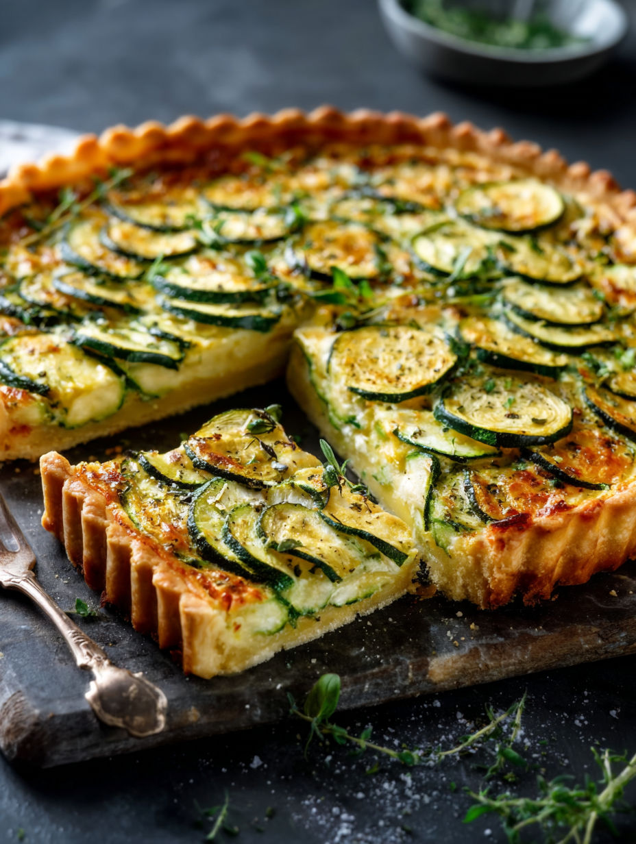 Une part de tarte salée aux courgettes.