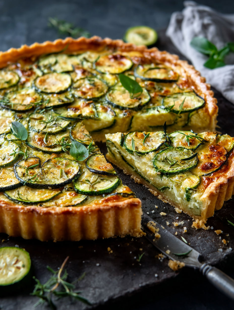 Une tranche de tarte salée aux courgettes.