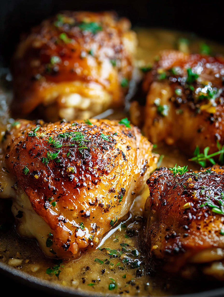 Une assiette de cuisses de poulet au beurre à l’ail.