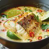Un bol de soupe avec poisson et citron vert.
