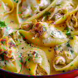 Une assiette de coquilles farcies au poulet alfredo au beurre d'ail.