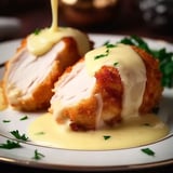 Une assiette de poulet farci avec sauce au fromage suisse.